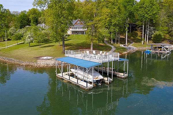 Norris Lake House Rental | Field of Dreams — Sleeps 40 | View of Dock from Lake | Norris Lake Villas | Norris Lake House Rental | Norris Lake Cabin Rental | Norris Lake Vacation Rental | Tennessee Lake House Rental | Tennessee Lake Vacation Rental | Tennessee Lake Cabin Rental | Norris Lake House Property Management